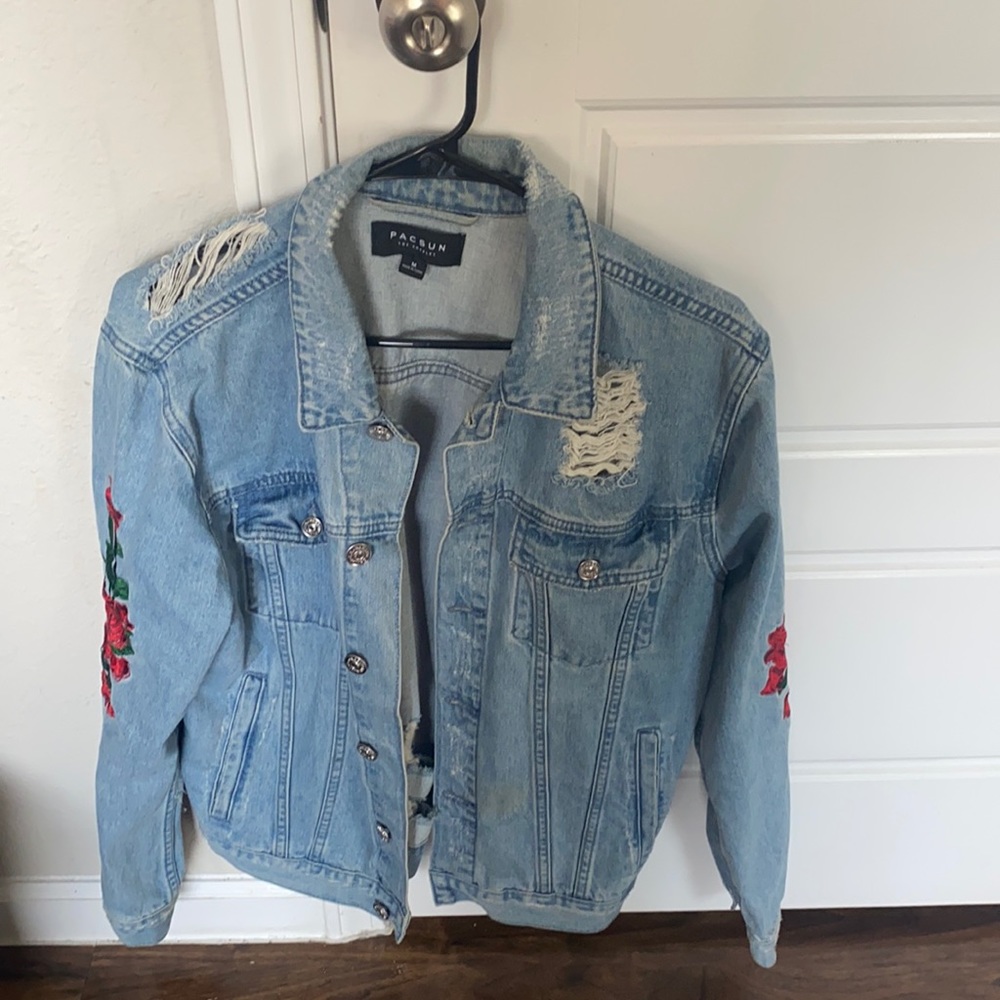 PacSun Denim Jean Jacket Rose Embroidered